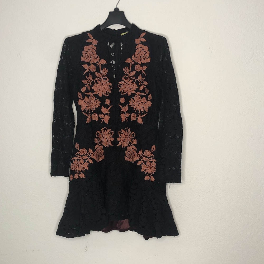 GIANNI BINI black dress w embroidered pink flowers